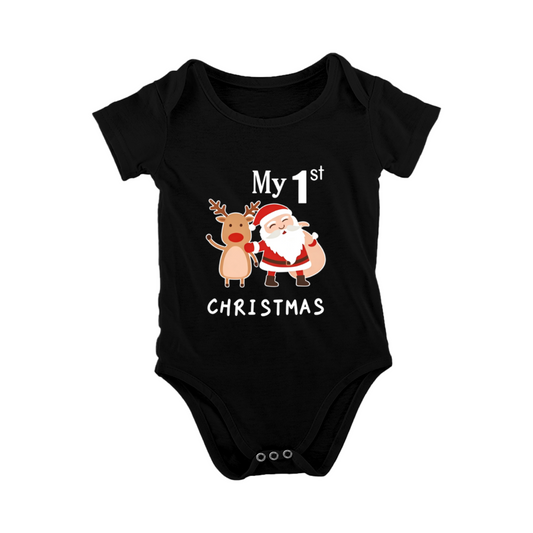 My 1st Christmas Santa & Reindeer Cute Black Infant Holiday Bodysuit