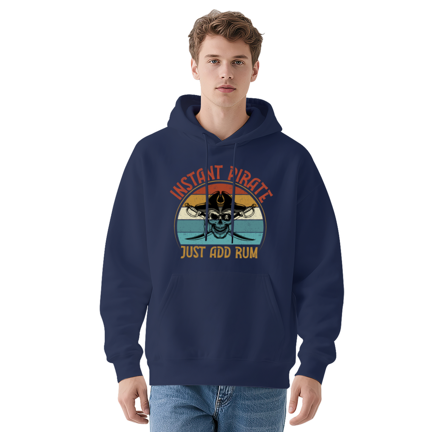 Retro Instant Pirate Skull Gray Hoodie, Funny Rum Lover Cozy Pullover