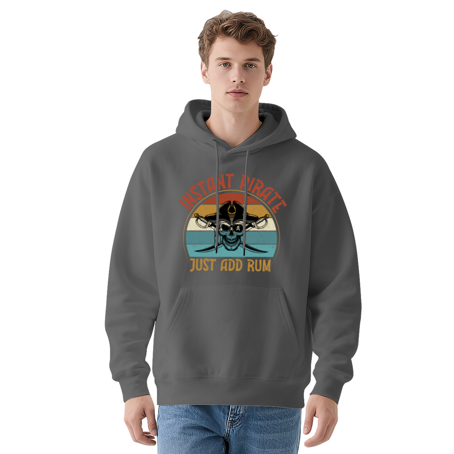 Retro Instant Pirate Skull Gray Hoodie, Funny Rum Lover Cozy Pullover