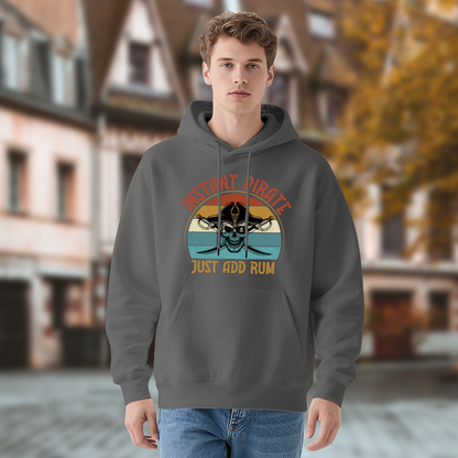 Retro Instant Pirate Skull Gray Hoodie, Funny Rum Lover Cozy Pullover