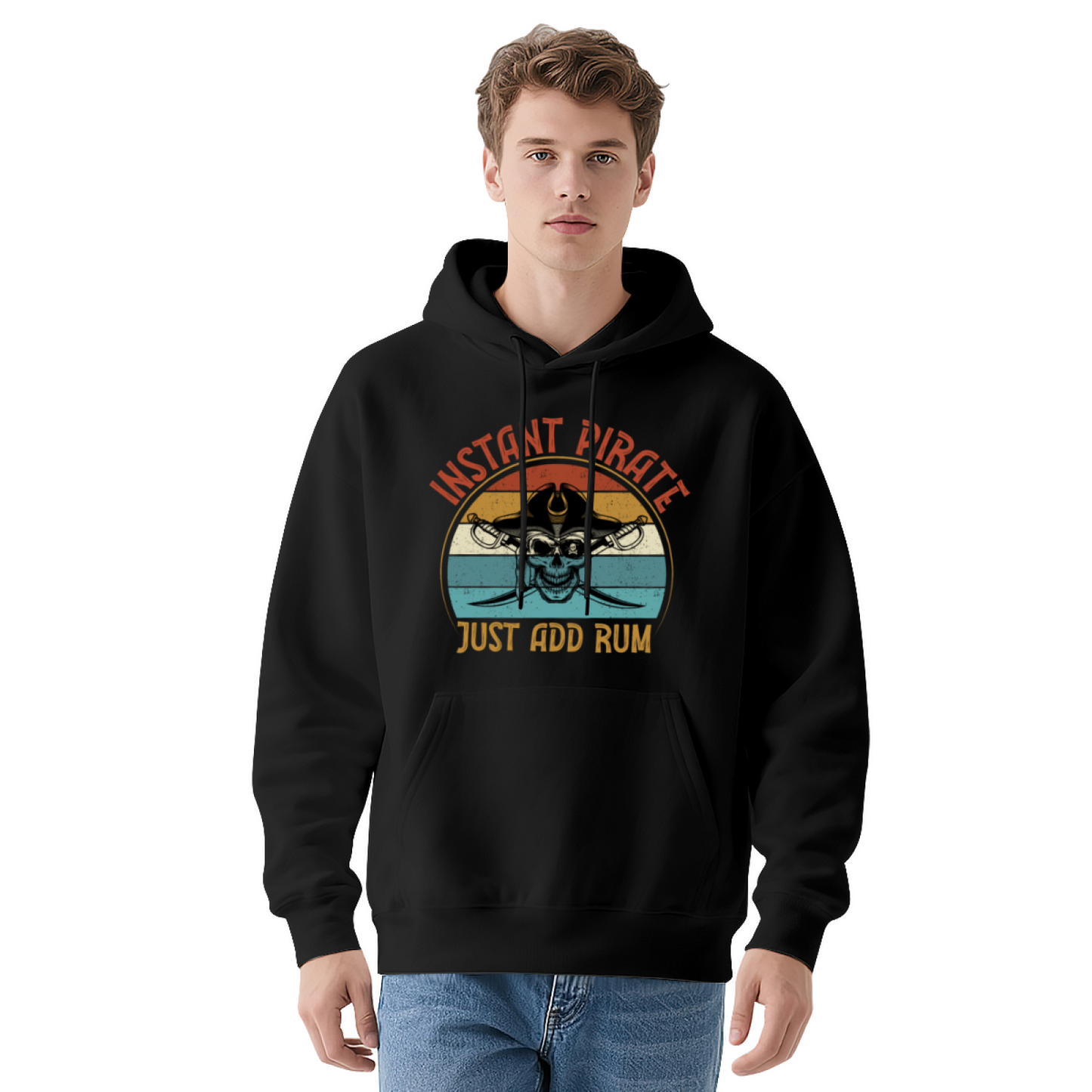 Retro Instant Pirate Skull Gray Hoodie, Funny Rum Lover Cozy Pullover