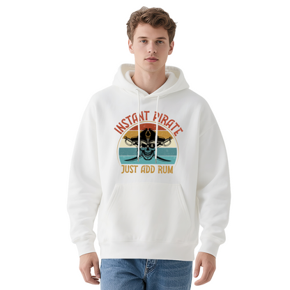 Retro Instant Pirate Skull Gray Hoodie, Funny Rum Lover Cozy Pullover