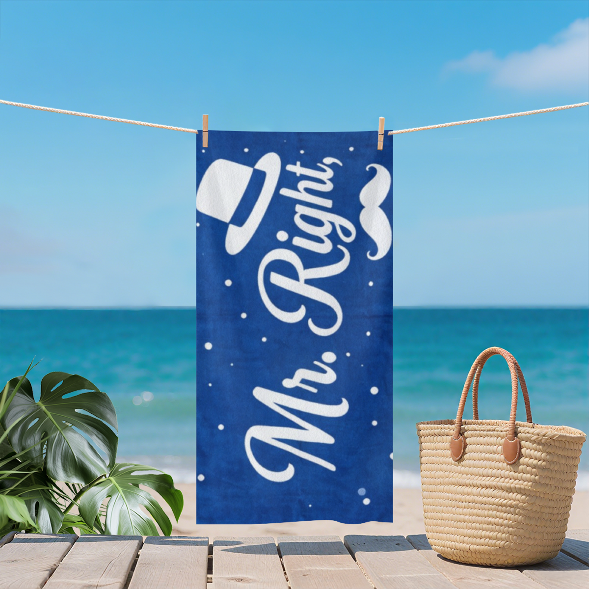 Elegant Mr.Right Gentleman Pattern Couple Beach Towel, Cloud Soft & Instant Water Absorbing, Multiple Lengths Optional, Comfortable Matching Towel Set for Honeymoon Beach