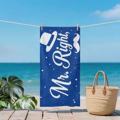 Elegant Mr.Right Gentleman Pattern Couple Beach Towel, Cloud Soft & Instant Water Absorbing, Multiple Lengths Optional, Comfortable Matching Towel Set for Honeymoon Beach