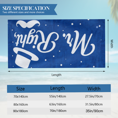 Elegant Mr.Right Gentleman Pattern Couple Beach Towel, Cloud Soft & Instant Water Absorbing, Multiple Lengths Optional, Comfortable Matching Towel Set for Honeymoon Beach