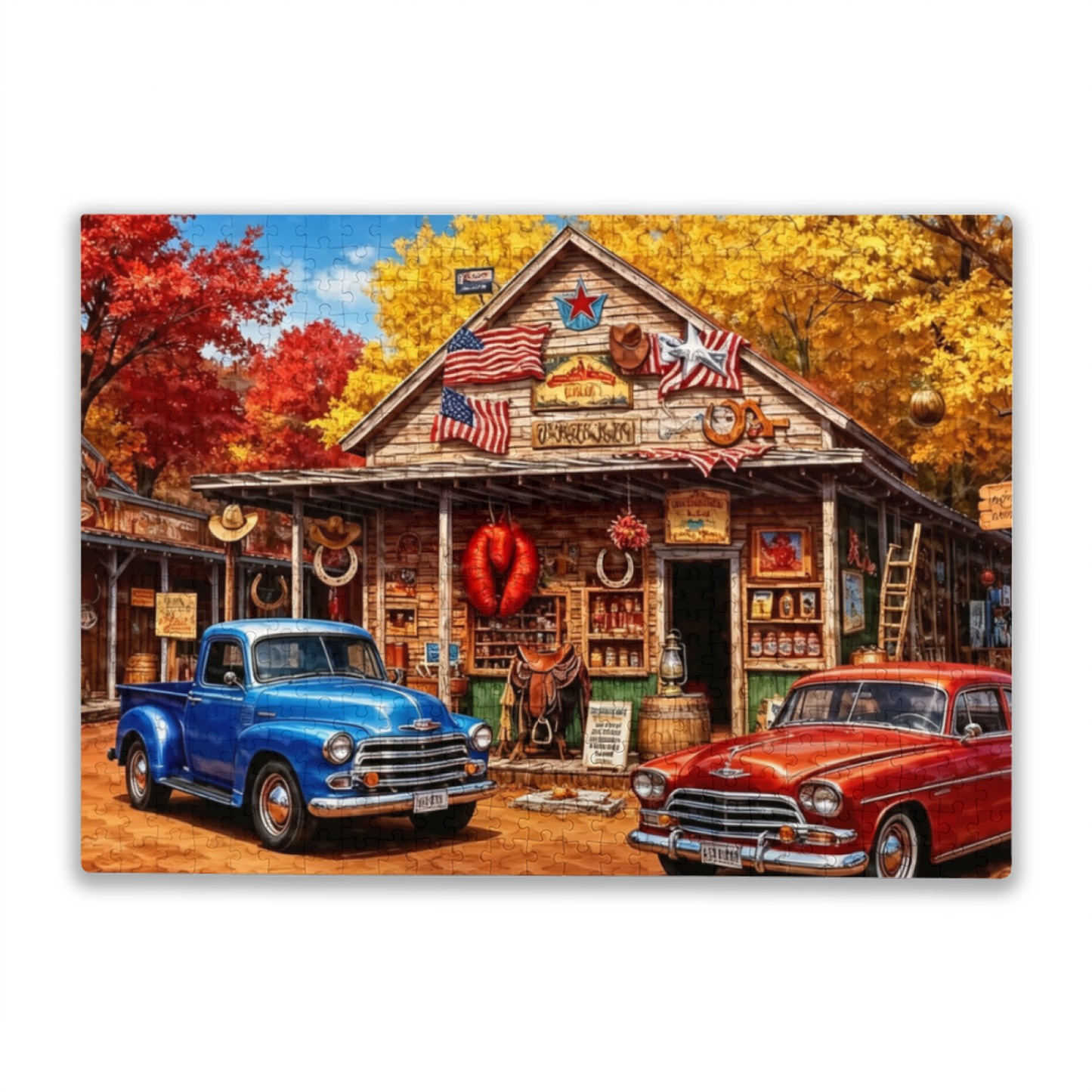 Autumn Western Country General Store Vintage Pickup Truck Jigsaw Puzzle | Americana Fall Scene Puzzle 300/500/1000pcs