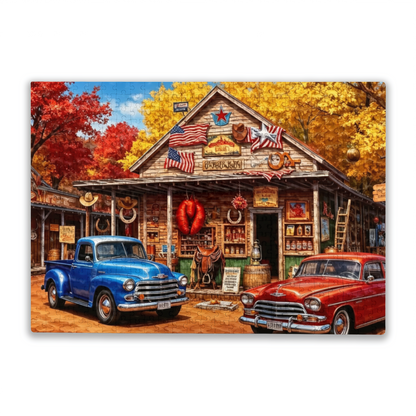 Autumn Western Country General Store Vintage Pickup Truck Jigsaw Puzzle | Americana Fall Scene Puzzle 300/500/1000pcs