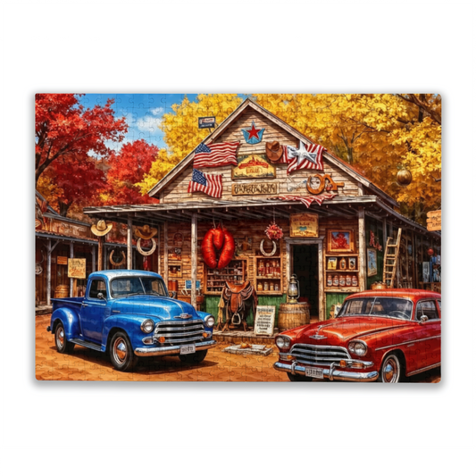 Autumn Western Country General Store Vintage Pickup Truck Jigsaw Puzzle | Americana Fall Scene Puzzle 300/500/1000pcs