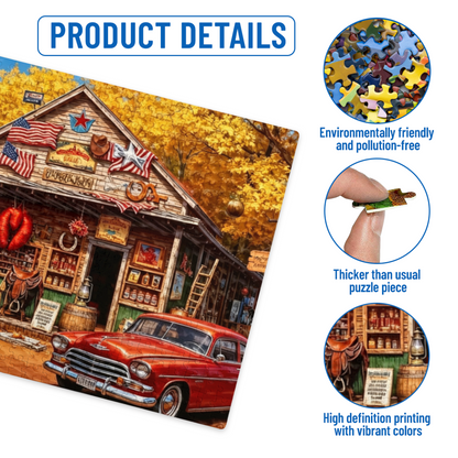 Autumn Western Country General Store Vintage Pickup Truck Jigsaw Puzzle | Americana Fall Scene Puzzle 300/500/1000pcs