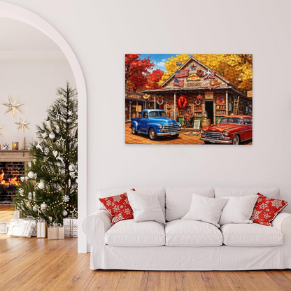Autumn Western Country General Store Vintage Pickup Truck Jigsaw Puzzle | Americana Fall Scene Puzzle 300/500/1000pcs