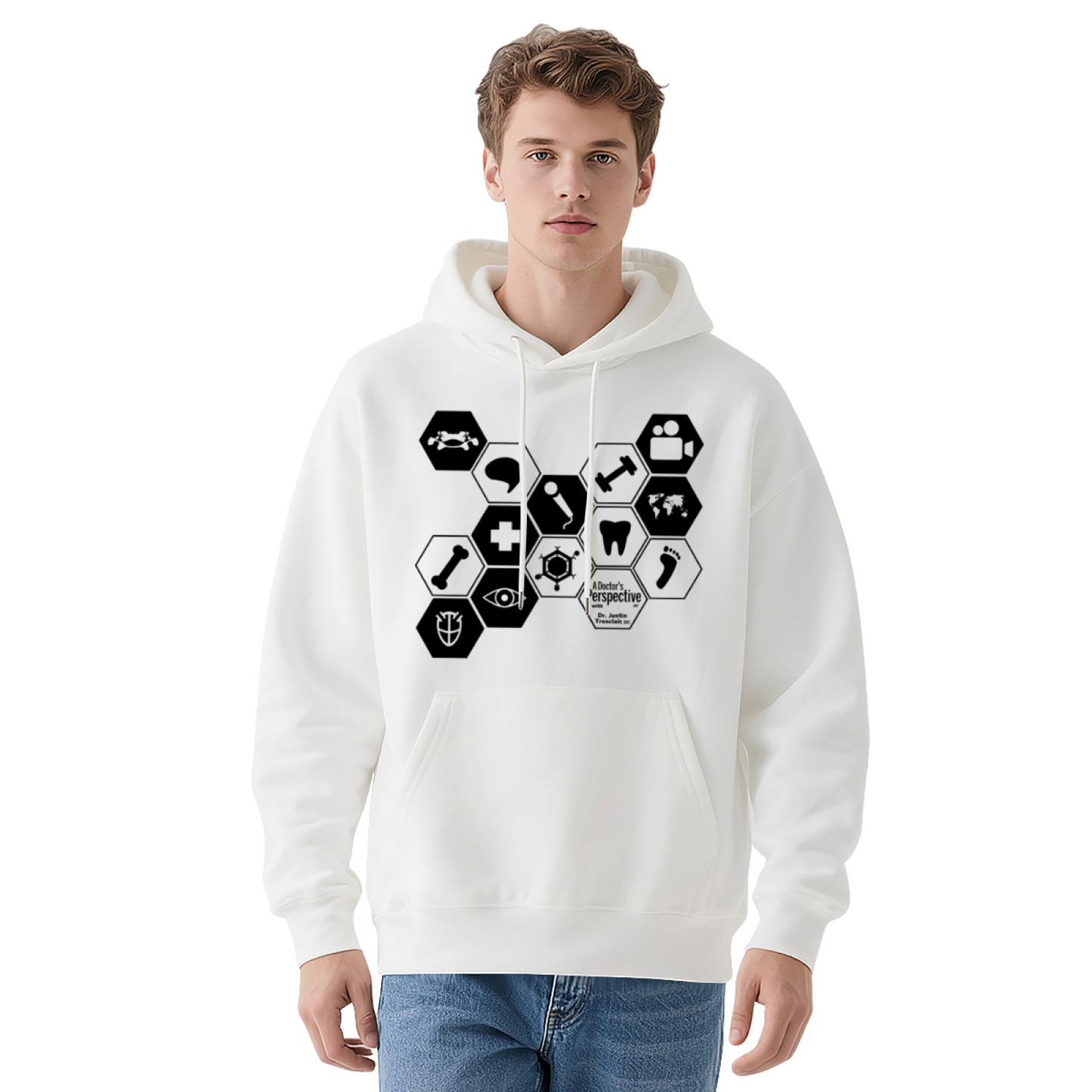 Doctor Specialty Hexagon Icon White Hoodie, Medical Worker Comfort Pullover