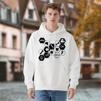 Doctor Specialty Hexagon Icon White Hoodie, Medical Worker Comfort Pullover