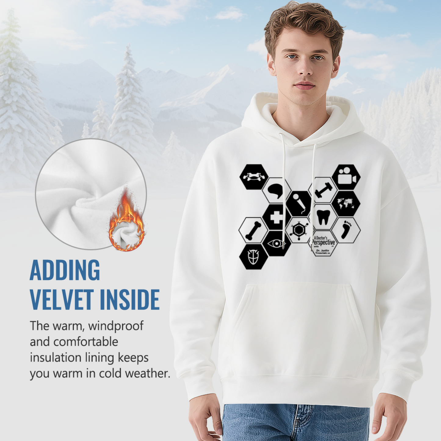 Doctor Specialty Hexagon Icon White Hoodie, Medical Worker Comfort Pullover