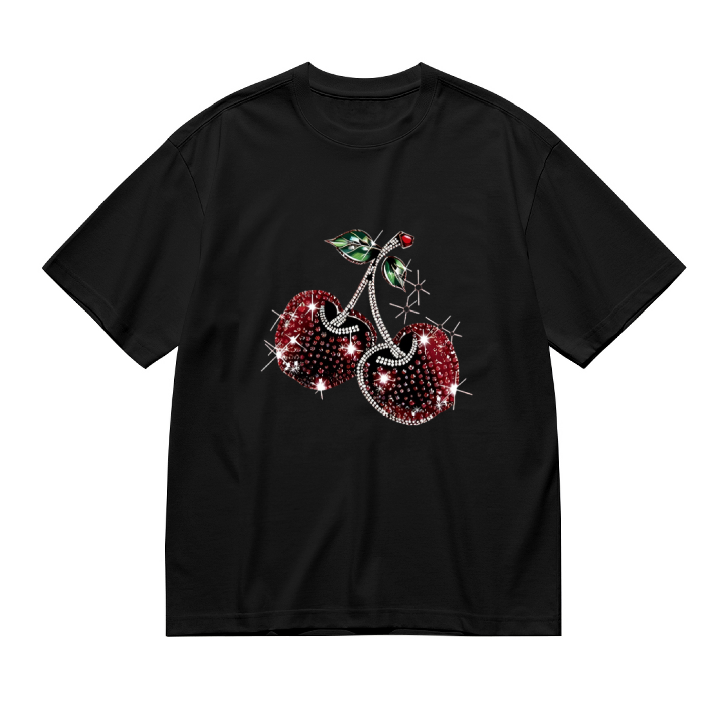 Bling Rhinestone Cherry Black Plus Size Ladies Short Sleeve Tee