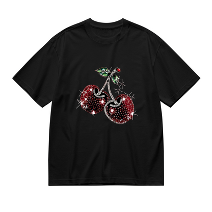 Bling Rhinestone Cherry Black Plus Size Ladies Short Sleeve Tee