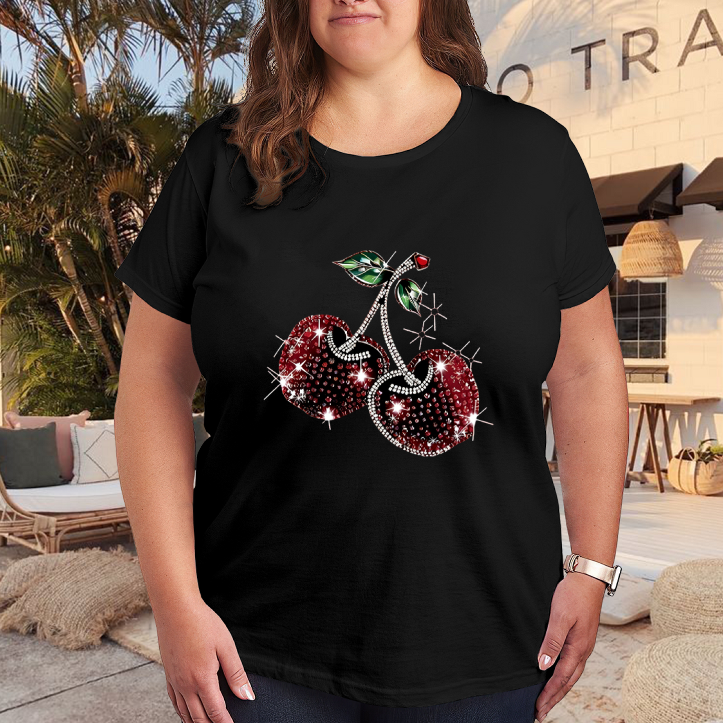 Bling Rhinestone Cherry Black Plus Size Ladies Short Sleeve Tee
