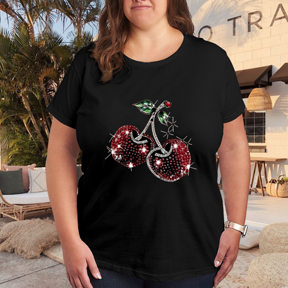 Bling Rhinestone Cherry Black Plus Size Ladies Short Sleeve Tee