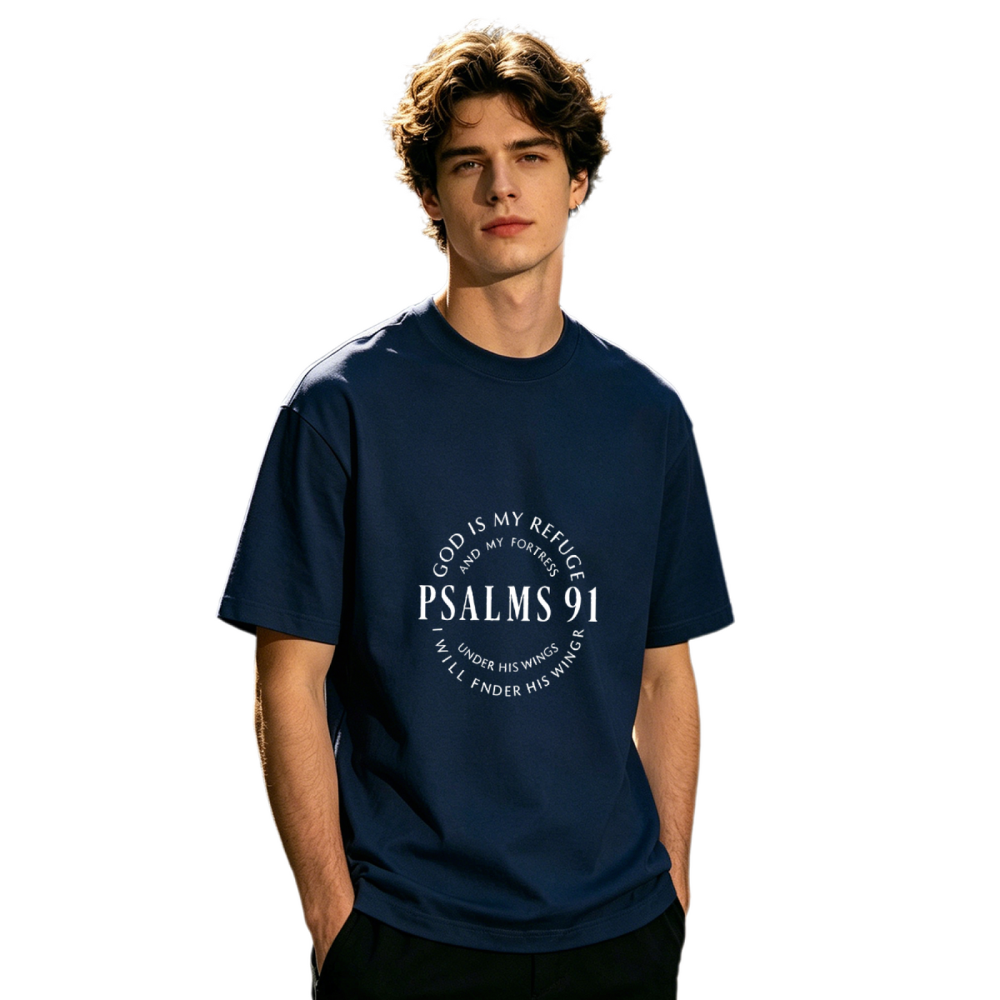 Men's PSALMS 91 God Is My Refuge White Circular Text Faith Tee