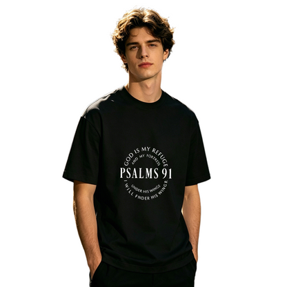 Men's PSALMS 91 God Is My Refuge White Circular Text Faith Tee