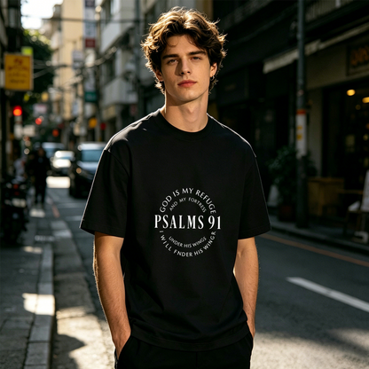Men's PSALMS 91 God Is My Refuge White Circular Text Faith Tee