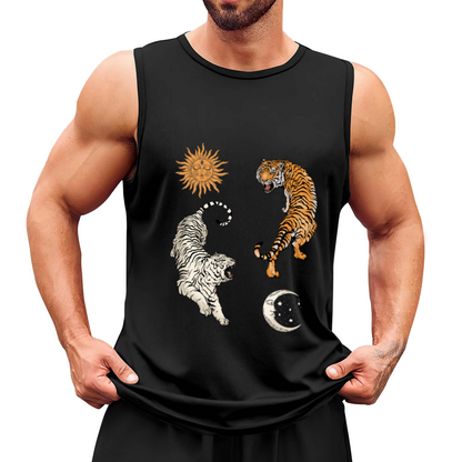 Yin Yang Twin Tigers Sun Moon Vintage Mens Tank Vest