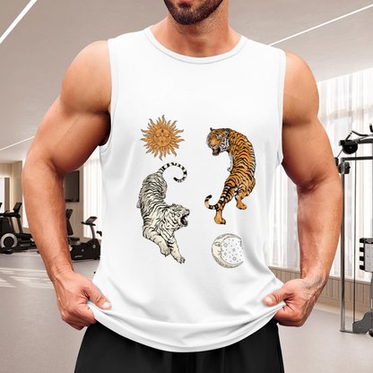 Yin Yang Twin Tigers Sun Moon Vintage Mens Tank Vest