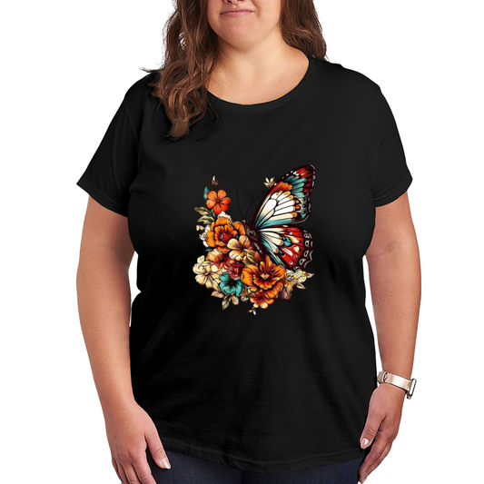 Vintage Colorful Floral Butterfly Black Plus Size T-Shirt