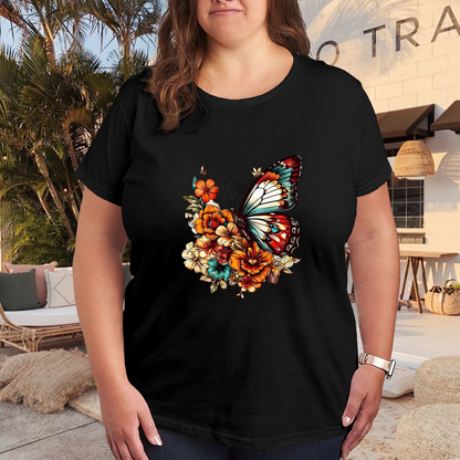 Vintage Colorful Floral Butterfly Black Plus Size T-Shirt