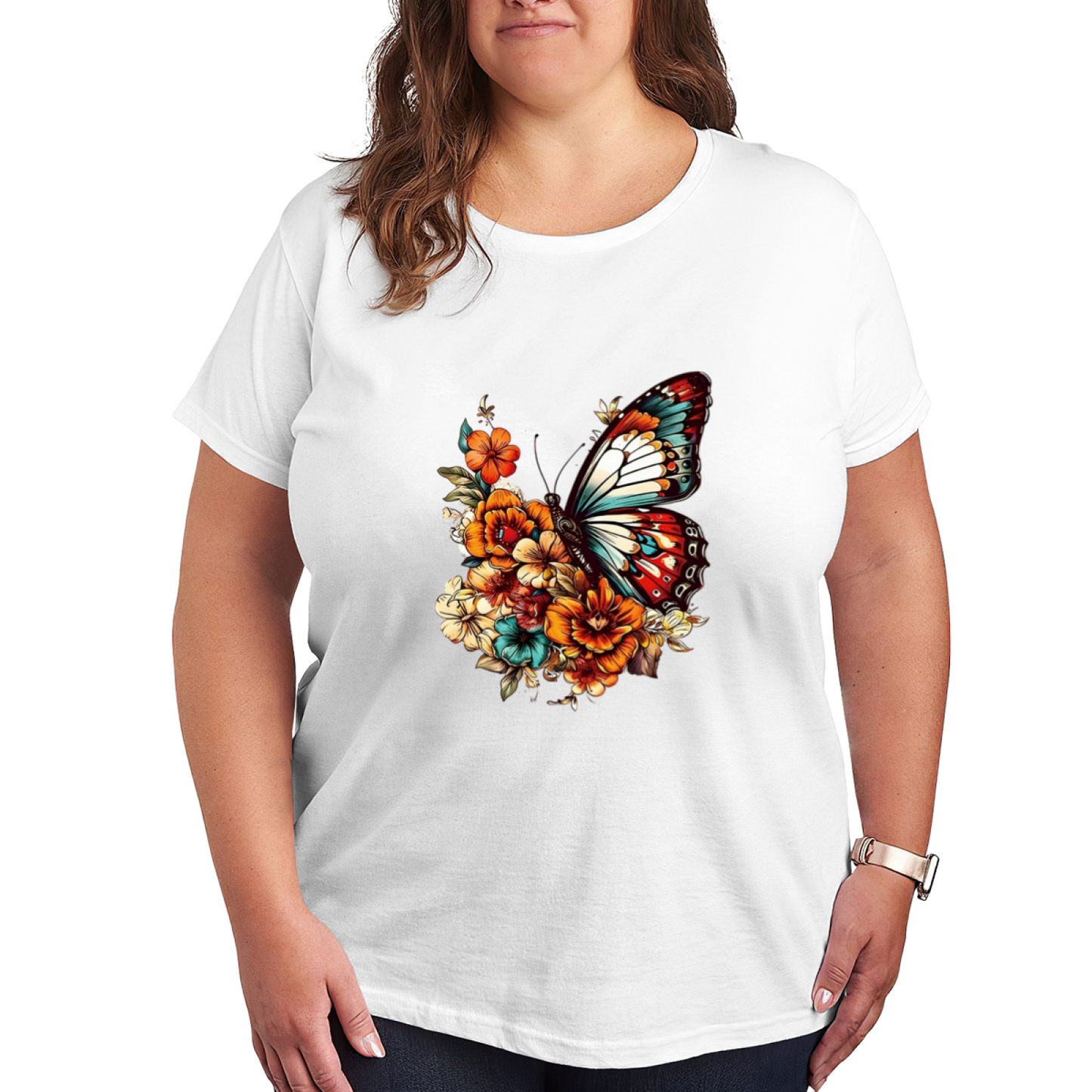 Vintage Colorful Floral Butterfly Black Plus Size T-Shirt