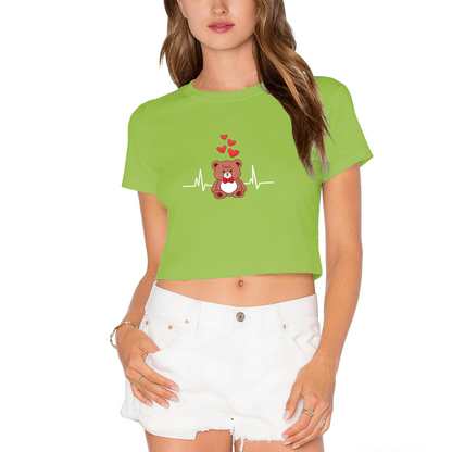 Sweet Red Crop T-Shirt With Cartoon Teddy Bear & Heartbeat Love Design