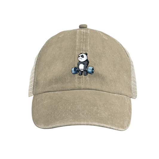 Weightlifting Cute Cartoon Panda Khaki Washed Mesh Trucker Hat ¨C Gym Fitness Fun Cap