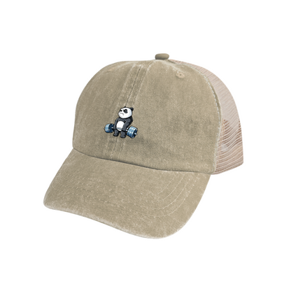 Weightlifting Cute Cartoon Panda Khaki Washed Mesh Trucker Hat ¨C Gym Fitness Fun Cap