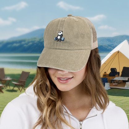 Weightlifting Cute Cartoon Panda Khaki Washed Mesh Trucker Hat ¨C Gym Fitness Fun Cap