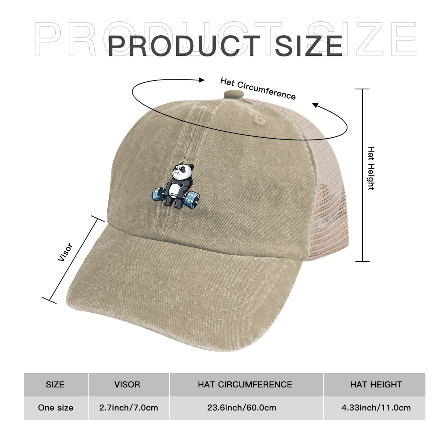 Weightlifting Cute Cartoon Panda Khaki Washed Mesh Trucker Hat ¨C Gym Fitness Fun Cap