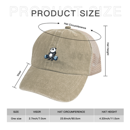 Weightlifting Cute Cartoon Panda Khaki Washed Mesh Trucker Hat ¨C Gym Fitness Fun Cap