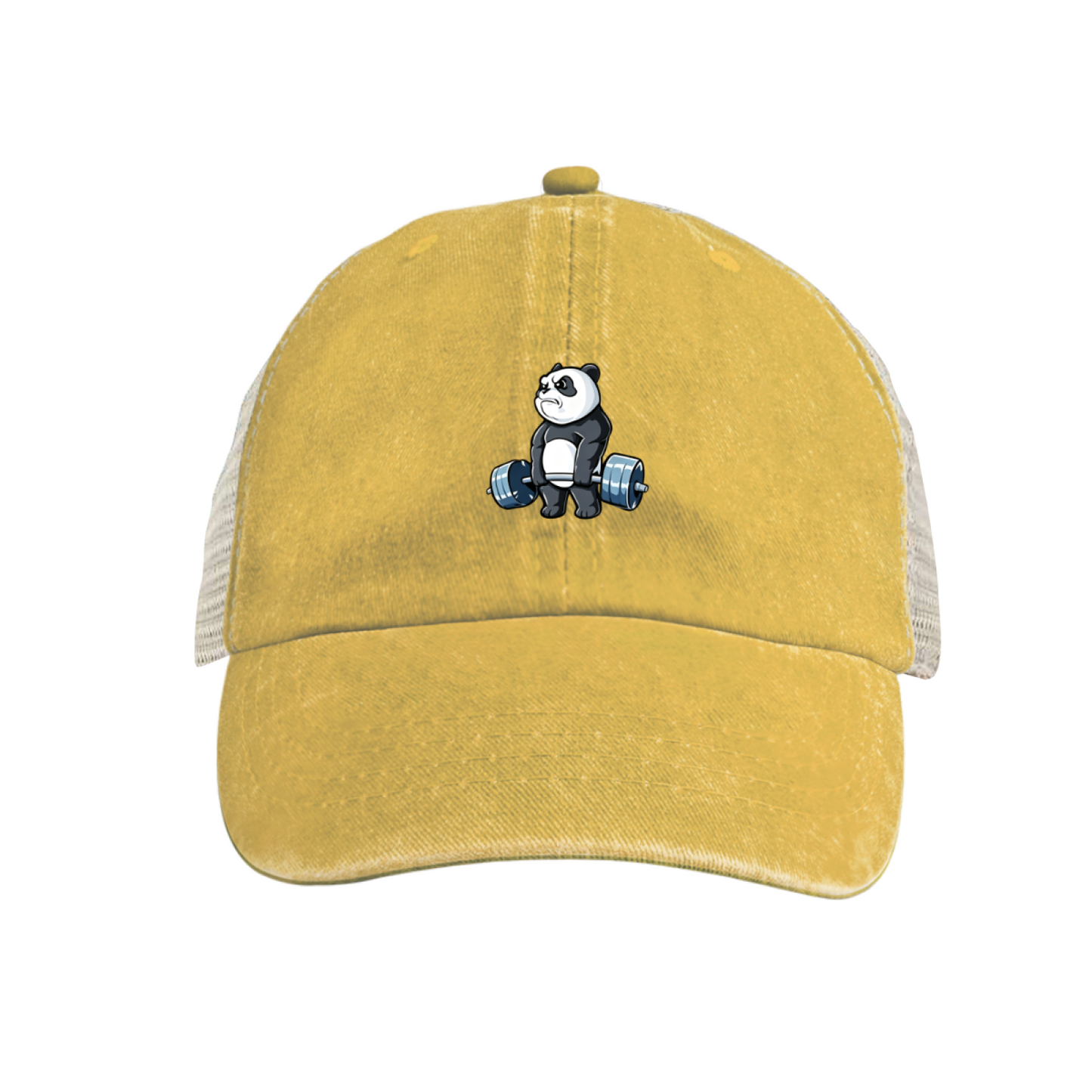 Weightlifting Cute Cartoon Panda Khaki Washed Mesh Trucker Hat ¨C Gym Fitness Fun Cap