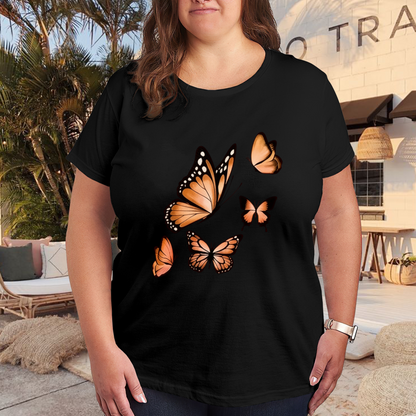 Realistic Orange Monarch Butterfly Fluttering Plus Size Women Printed T-Shirt