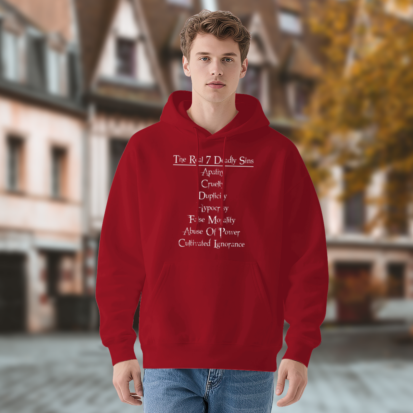 Men¡¯s The Real 7 Deadly Sins Cross Text Red Hoodie, Soft & Cozy For Daily Wear