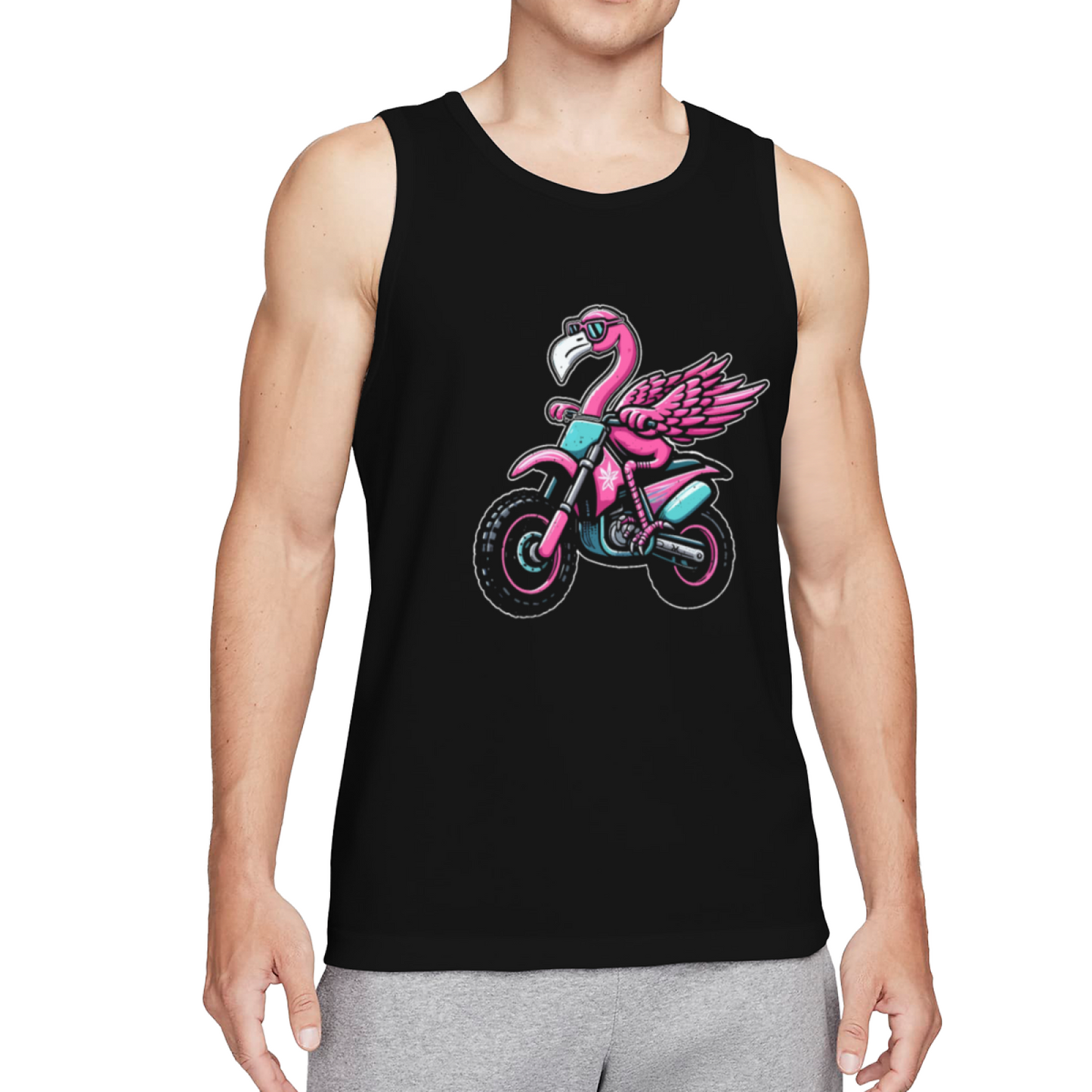 Cool Pink Flamingo Riding Dirt Bike Cartoon Street Men Tank Top
