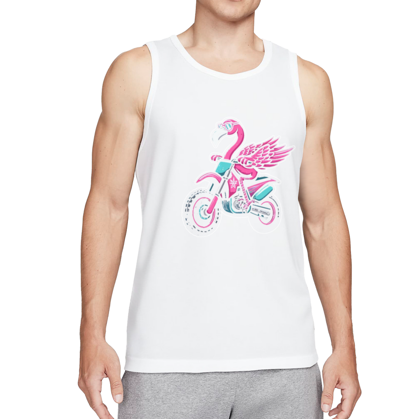 Cool Pink Flamingo Riding Dirt Bike Cartoon Street Men Tank Top