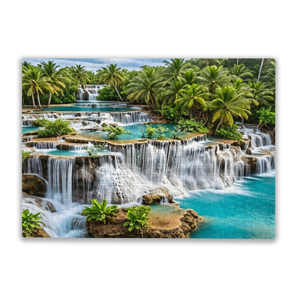 Turquoise Tiered Waterfalls in Tropical Coconut Rainforest Puzzle