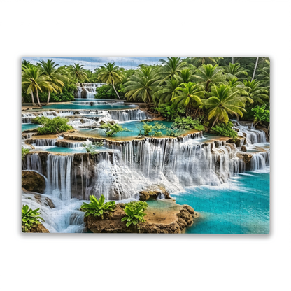 Turquoise Tiered Waterfalls in Tropical Coconut Rainforest Puzzle