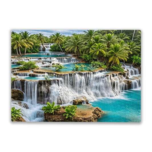 Turquoise Tiered Waterfalls in Tropical Coconut Rainforest Puzzle