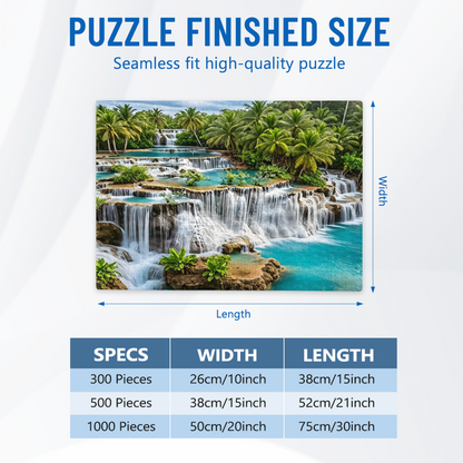 Turquoise Tiered Waterfalls in Tropical Coconut Rainforest Puzzle