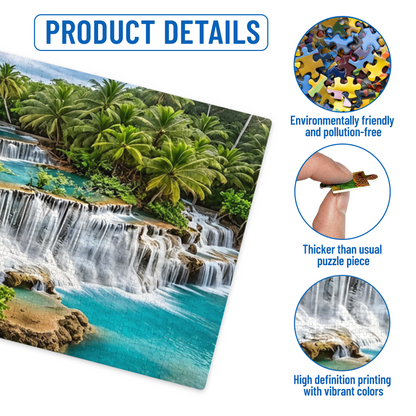 Turquoise Tiered Waterfalls in Tropical Coconut Rainforest Puzzle