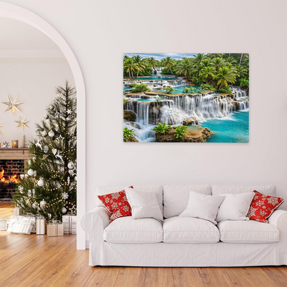 Turquoise Tiered Waterfalls in Tropical Coconut Rainforest Puzzle