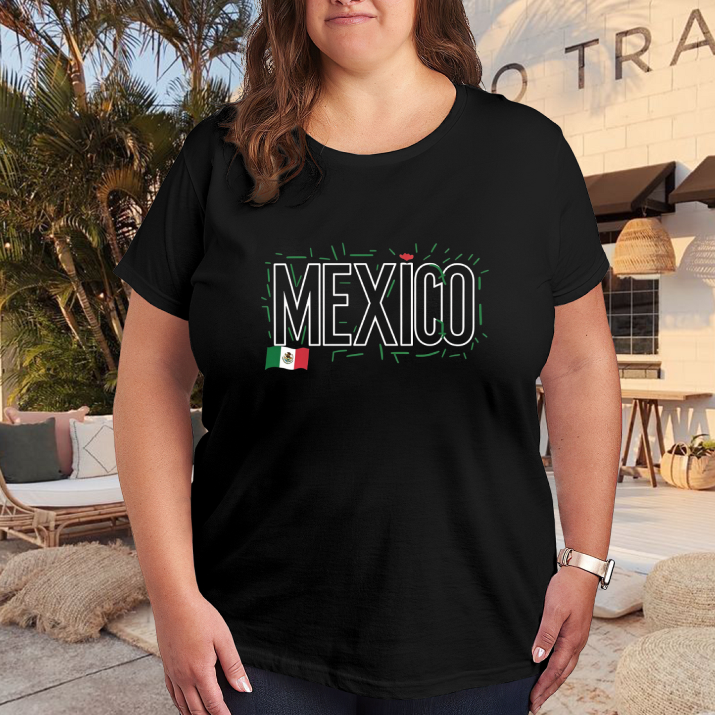 Neon Outline Mexico Flag Trendy Letter Black Plus Size Women¡¯s Printed T-Shirt
