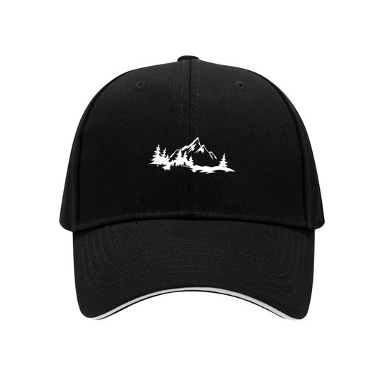 Mountain Pine Forest Nature Print Black Sandwich Brim Baseball Cap, Outdoor Camping Hat