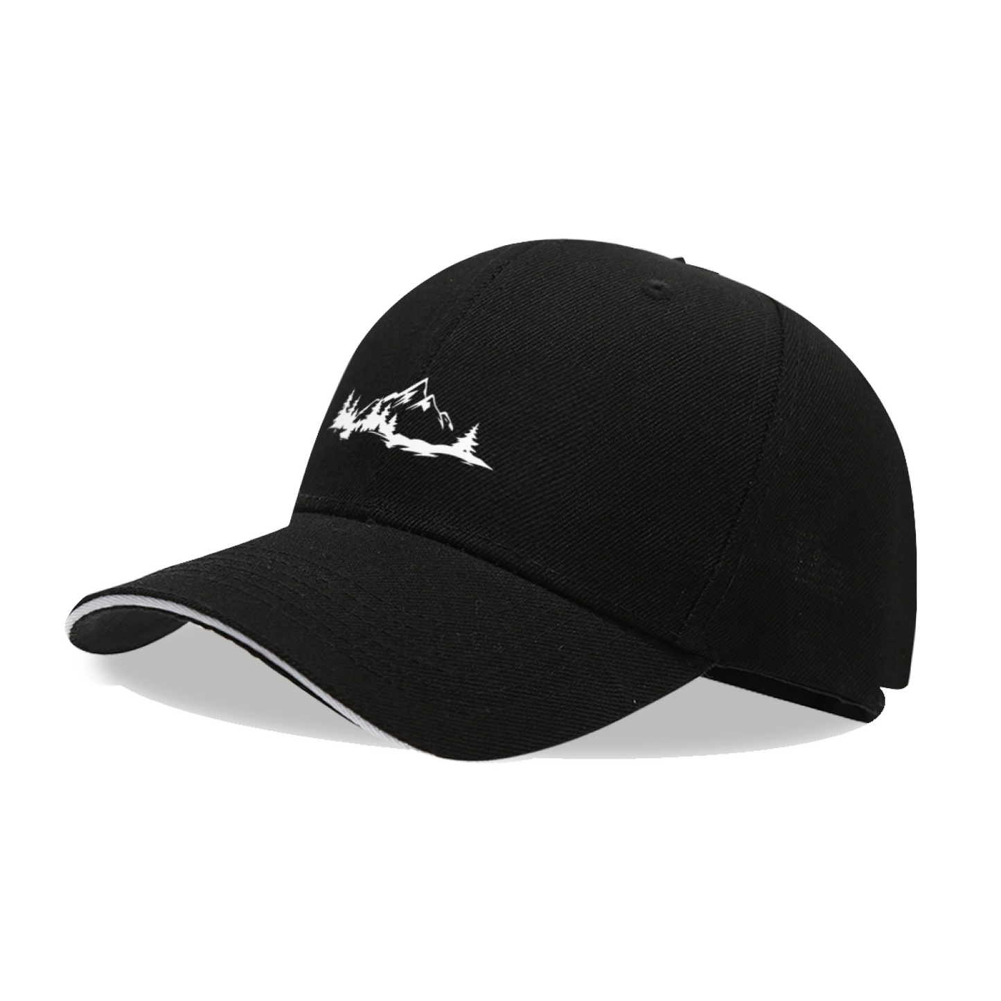 Mountain Pine Forest Nature Print Black Sandwich Brim Baseball Cap, Outdoor Camping Hat