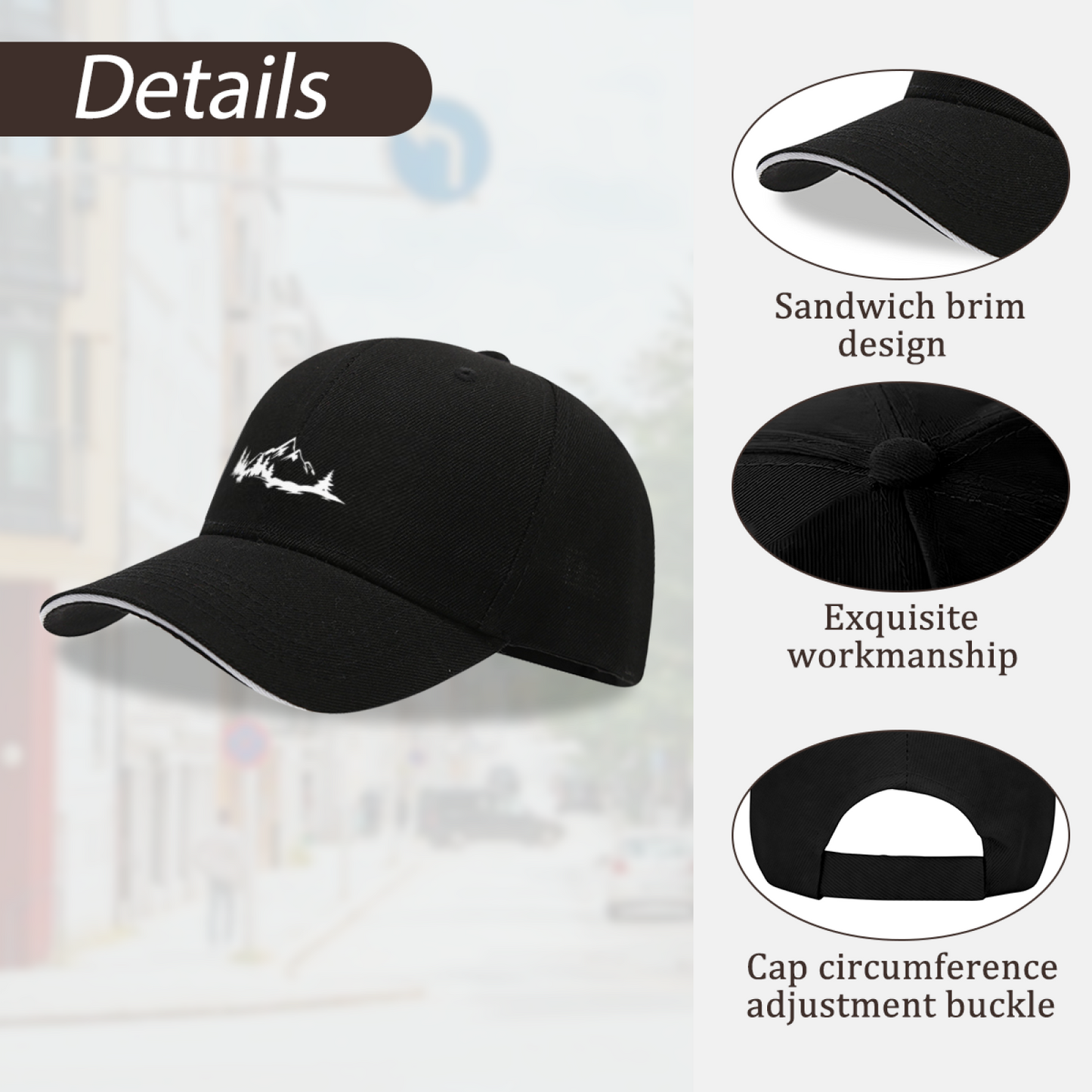 Mountain Pine Forest Nature Print Black Sandwich Brim Baseball Cap, Outdoor Camping Hat